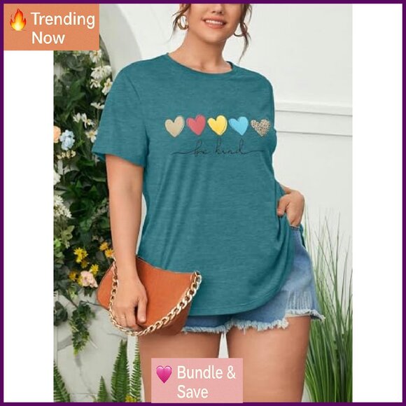 Plus Size Short Sleeve T-Shirt Kindness Flowers Print Pullover Tunic Polyester - Picture 4 of 8